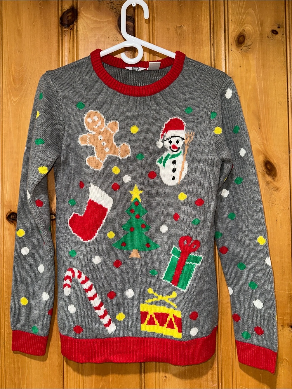 Tag Gray Crewneck Holiday Sweater with Red Trim